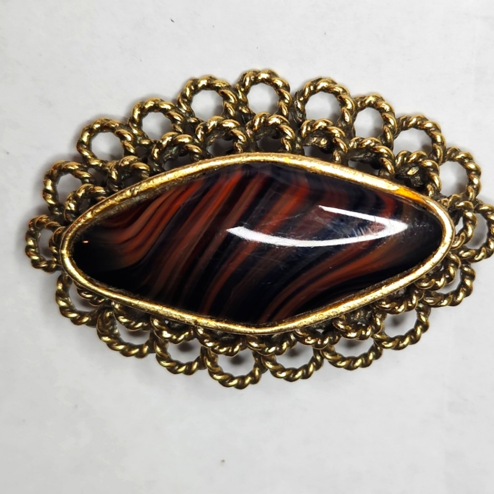 Orignal By Robert Vtg Glass Planet Jupiter Pin Brooch Gold Tone Tiger Eye 1950s